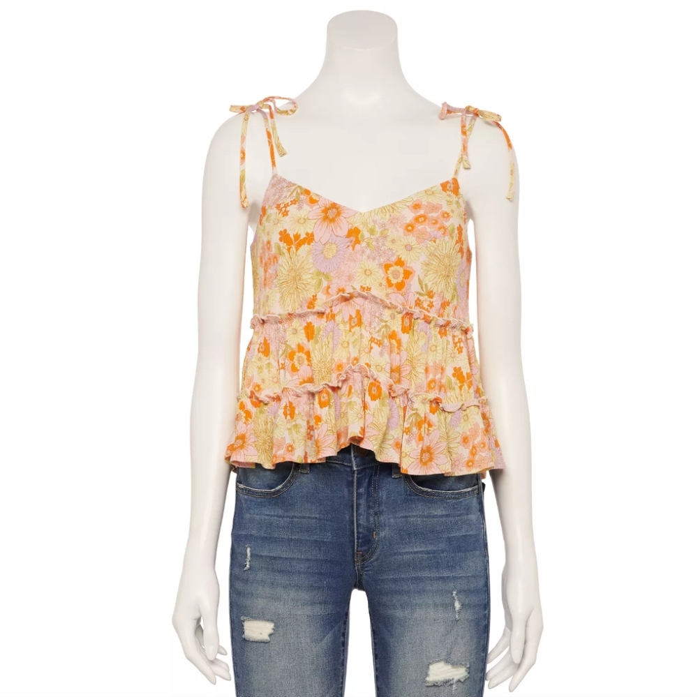 Juniors' SO Tied Strap Babydoll Tank Top Ruffle Tiered Spaghetti Strap Top